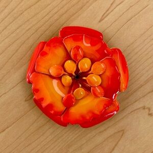 Vintage Enamel Flower Brooch Pin Large Glossy Red Orange Petals with Stamens